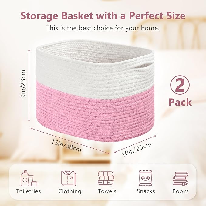 ECDYQXVU Cotton Rope Shelf Storage Basket, 15x10x9 in, Shelf Storage Baskets for Clothes, Towels, Books, Laundry (White/ Pink, 2 Pack)