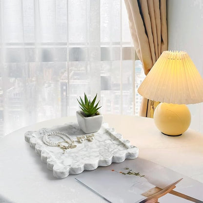 Real Natural Scalloped Marble Tray for Bathroom, Vanity, Kitchen and Desktop, Decorative Stone Tray for Jewelry, Cosmetics, Candles, Lotion, Perfume and Home Décor (White, 8" x 8")
