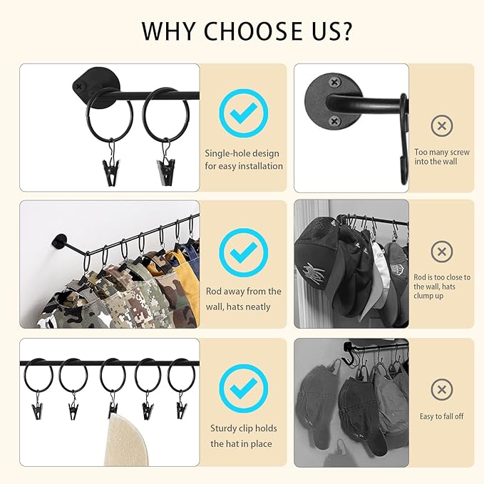 Viklluyr Hat Rack for Baseball Cap Hat Storage with 20 Hooks - Modern Metal Hat Organizer Wall Mounted Caps Hanger Set of 2 for Closet Door Bedroom Entryway Laundry