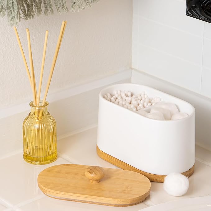 DAILY RITMO® Large White Cotton Swab & Ball Holder Dispenser | Two Sided Dual Compartment Container with Air Tight Seal Bamboo Lid |Decorative Facial Sponge Gauze Floss Rounds Canister