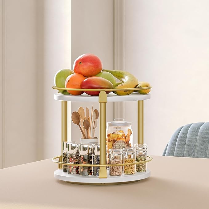 YATINEY Lazy Susan Organizer, Rotating Spice Rack, 2 Tier Spice Turntable Organizer, Industrial Turntable Spice Holder, for Kitchen Countertop and Cabinet, Compact and Versatile, White and Gold SR22DW