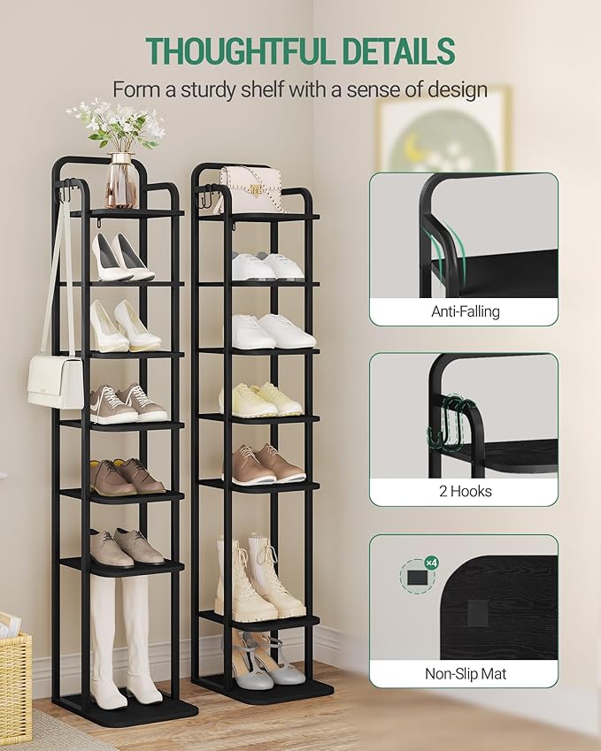 Hzuaneri 8 Tiers Vertical Shoe Rack, Narrow Shoe Tower, Tall Shoes Shelf with 2 Hooks, Adjustable Shelves, Corner Shoes Shelves for Small Spaces, Entryway, Living Room, Black SR04304B