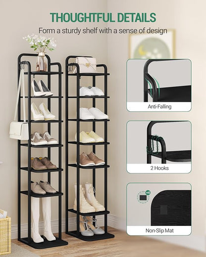 Hzuaneri 8 Tiers Vertical Shoe Rack, Narrow Shoe Tower, Tall Shoes Shelf with 2 Hooks, Adjustable Shelves, Corner Shoes Shelves for Small Spaces, Entryway, Living Room, Black SR04304B