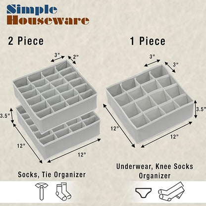 Simple Houseware Sock Drawer Organizer for Dresser/Closet/Bedroom, 3 Pack, Gray