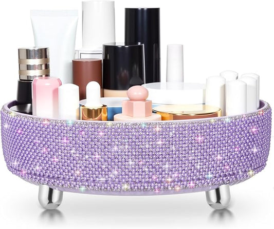 Honeydak Purple Bling Perfume Makeup Organizer Bling Mother's Day Nurses Day Gifts for Women Bathroom Organizers and Storage 360 Rotating Makeup Organizer for Countertop(Pearl)