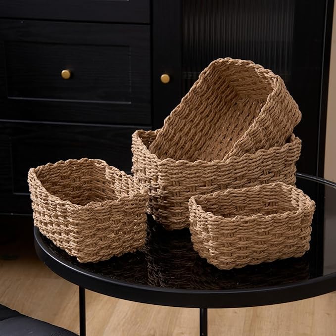 4PCS Woven Storage Baskets Set, Small Baskets for Organizing, Square Handwoven Paper Rope Organizer Bins for Shelves and Home Storage (Brown)