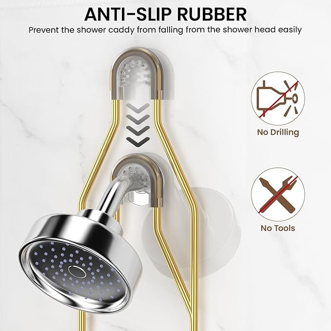 Shower Caddy Hanging Adjustable Shower Caddy, Rustproof Shower Organizer Extended Length Showers Caddy Over Shower Head with Hooks Soap Holder, Large Capacity Anti-Swing Bathroom Organizer, Gold
