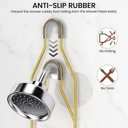 Shower Caddy Hanging Adjustable Shower Caddy, Rustproof Shower Organizer Extended Length Showers Caddy Over Shower Head with Hooks Soap Holder, Large Capacity Anti-Swing Bathroom Organizer, Gold