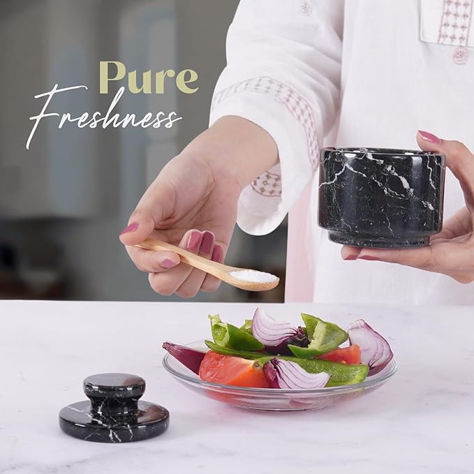 MARBLOUS KRAFTS Marble Salt Cellar 3" Inch Black Zebra Stone Salt Dish, Sugar, Seasoning Salt Containers for Countertop, Modern Salt Holder with Lid, Kitchen Spice Jar, Perfect Mother’s Day Gift