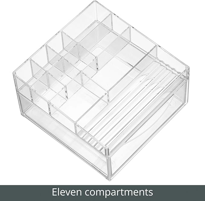 mDesign Plastic Divided Makeup Organizer Holder Bin with Front Drawer for Bathroom Vanity, Countertop Storage - Cosmetic Organization Holds Palettes, Brushes, Accessories - Cadi Collection - Clear