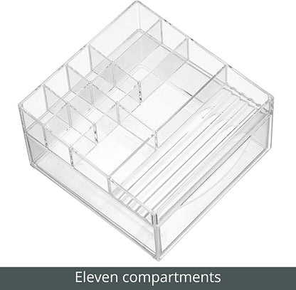 mDesign Plastic Divided Makeup Organizer Holder Bin with Front Drawer for Bathroom Vanity, Countertop Storage - Cosmetic Organization Holds Palettes, Brushes, Accessories - Cadi Collection - Clear