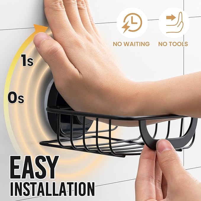 LEVERLOC Soap Holder Shower with Hooks, Bar Suction Cup Soap Dish Tray for Wall, Rust-Proof Stainless Steel Sponge Caddy for Bathroom Accessories Organizer Bathtub Kitchen Sink, Black