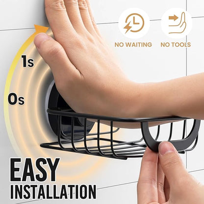 LEVERLOC Soap Holder Shower with Hooks, Bar Suction Cup Soap Dish Tray for Wall, Rust-Proof Stainless Steel Sponge Caddy for Bathroom Accessories Organizer Bathtub Kitchen Sink, Black