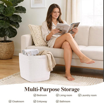 Cube Storage Bins 11 Inch Shelf Cotton Rope Baskets for Organizing, Woven Storage Basket - For Magazines, Living Room, Closet, White 1 Pack