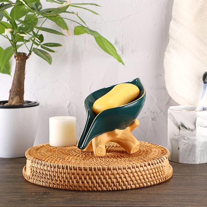 JUXYES Ceramic Soap Dish Holder Self Draining, Unique Waterfall Soap Dish Leaf Shape Decorative Soap Dish Tray Tabletop Drainable Soap Saver Bathtub Waterfall Soap Dish Holder for Bathroom Shower