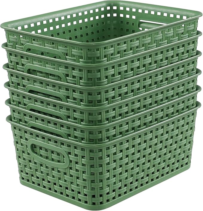 Sadstory Deep Green Plastic Woven Storage Basket, Plastic Shelf Basket, 6 Packs