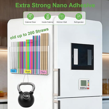 9.4” Large Acrylic Straw Holder for Cabinet Door, Reusable Straws Organizer Storage with Ultra Sticky Adhesive & Name Labels, Space-Saving Straw Storage Dispenser for Kitchen Counter Cupboard