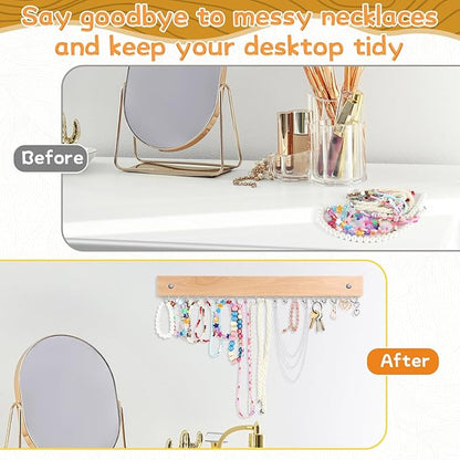 4 Pack Necklace Holder Wall Mount, Wooden Hanging Jewelry Organizer with 80 Hooks Total, Space Saving Necklace Holder for Wall, Necklace Wall Hanger for Necklaces, Bracelets, Pendant