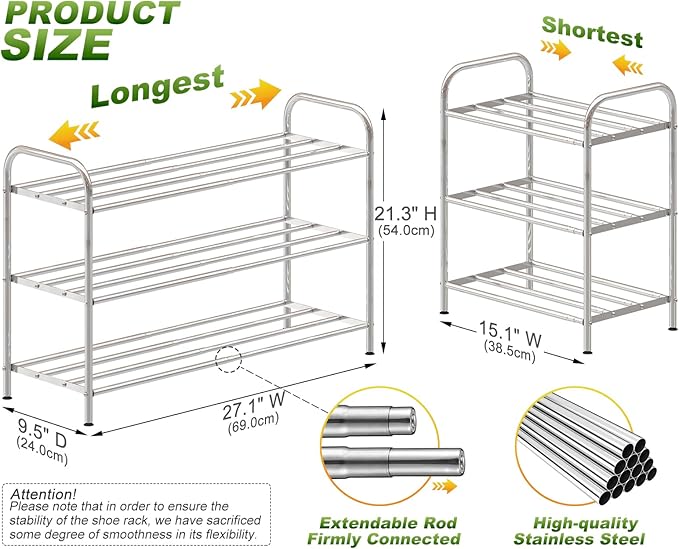 3-Tier Expandable Shoe Rack – Adjustable Heavy Duty Organizer Shelf | 100% Stainless Steel & 4-Rod Stretchable | Small Space Shoe Rack for Closet Entryway (15" to 27", Silver)