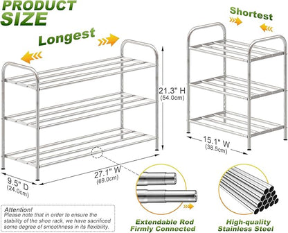 3-Tier Expandable Shoe Rack – Adjustable Heavy Duty Organizer Shelf | 100% Stainless Steel & 4-Rod Stretchable | Small Space Shoe Rack for Closet Entryway (15" to 27", Silver)