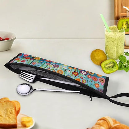 Cutlery Storage Bag Travel Silverware Cloth Bags for Travel Tableware Carrying Bag Travel Silverware Case Utensil Pouch Utensil Case,Floral Field