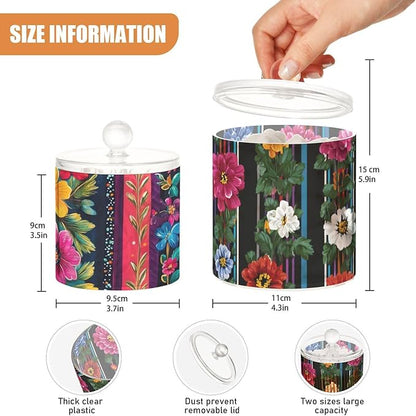 2 Pack Qtip Dispenser Apothecary Jars with Lids Cotton Round Holder Bathroom Canisters for Cotton Swab Floss Ball Pads Clear Plastic Decorative Fiesta Striped Mexican Flowers