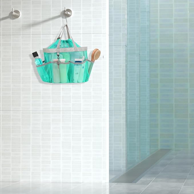 F-color Mesh Shower Caddy Portable with Drawstring - Large 8 Pockets Dorm Room Essentials for Guys Girls with S Hook, Shower Bag Basket Tote for College Camping Gym Travel Bathroom, 2 Pack Mint Green