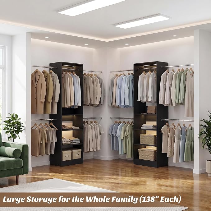 12FT Large Open Closet System, 138'' Wall-Mounted Closet Shelving with 5 Hanging Rods and 6 Shelves, Customizable Wardrobe for Walk-In Closets, Fits 5–12FT Spaces, Black