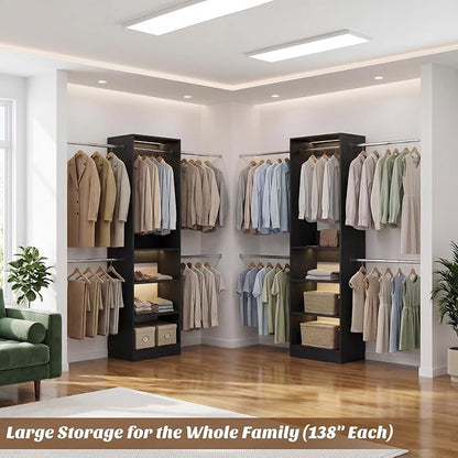 12FT Large Open Closet System, 138'' Wall-Mounted Closet Shelving with 5 Hanging Rods and 6 Shelves, Customizable Wardrobe for Walk-In Closets, Fits 5–12FT Spaces, Black
