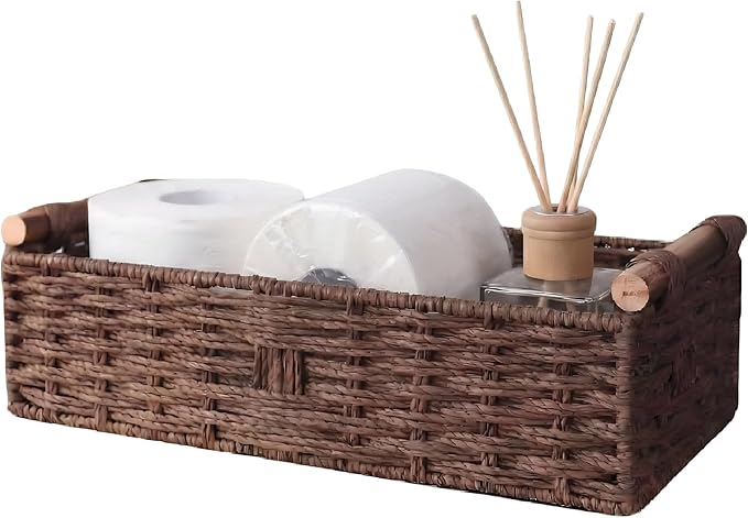 Brown Woven Bathroom Basket with Wood Handles — Toilet Paper Storage Organizer, Back of Toilet Wicker Basket, Dark Brown Boho Bathroom Decor Tray for Tank Top or Shelf