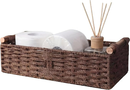 Brown Woven Bathroom Basket with Wood Handles — Toilet Paper Storage Organizer, Back of Toilet Wicker Basket, Dark Brown Boho Bathroom Decor Tray for Tank Top or Shelf