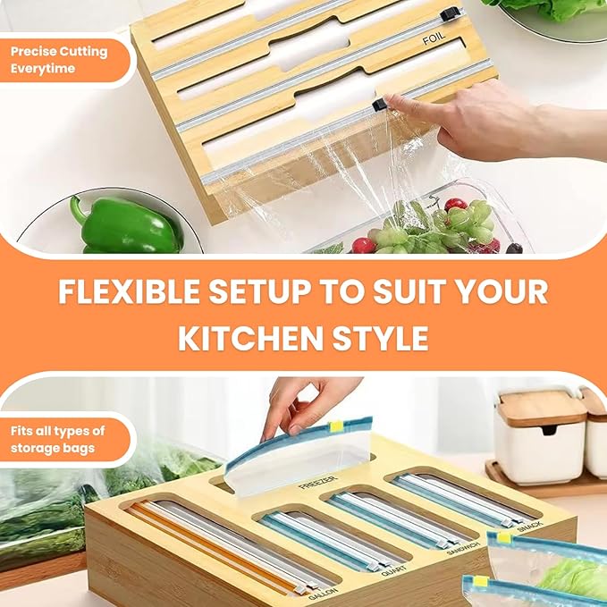 Storage Bag Organizer for Kitchen Drawer, Foil and Plastic Wrap with Cutter, Organizers Compatible Gallon, Quart, Sandwich Snack Size 9 in 1