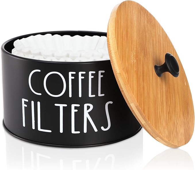 Coffee Filter Holder, Large Capacity Coffee Filter Storage Container with Bamboo Lid, Metal Coffee Filter Dispenser Pod Organizer Basket Accessory for Bar Counter Decor