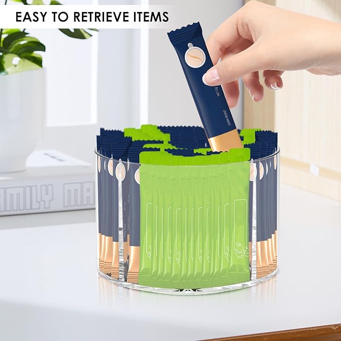 2PCS Rotating Drink Packet Organizer, BPA-Free Clear PET Leakproof Lazy Susan with 4 Compartments, 360° Silent Spinning Storage for Tea/Coffee/Sugar Packets - Pantry/Fridge/Countertop/Office