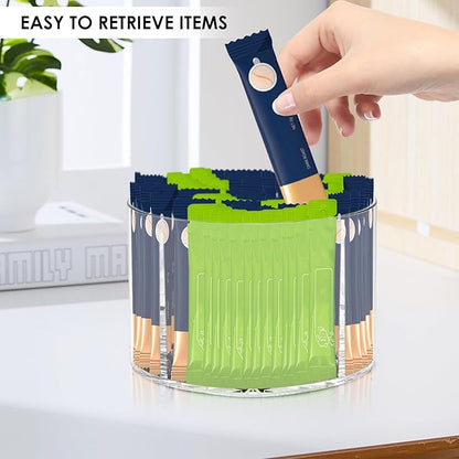 2PCS Rotating Drink Packet Organizer, BPA-Free Clear PET Leakproof Lazy Susan with 4 Compartments, 360° Silent Spinning Storage for Tea/Coffee/Sugar Packets - Pantry/Fridge/Countertop/Office