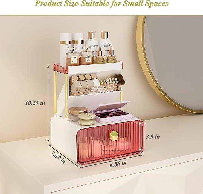 FOLLOWIN Bathroom Organizers and Storage with Drawer, Vanity Storage Organizer with Makeup Brushes Holder, Perfume Lotion Cosmetic Organizer, Blush Pink