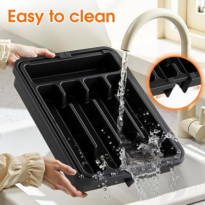 SpaceHacks Silverware Organizer，Adjustable & Expandable Utensil Drawer Organizer, BPA Free Utensil Holder, Cutlery Tray for Forks, Spoons, Knives in Kitchen, Medium, Black