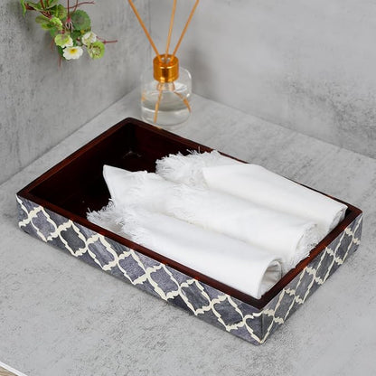 Handicrafts Home 10"x6" Vanity Tray for Bathroom Countertop, Moroccan Bone Inlay Decorative Organizer Tray for Perfume, Jewelry, Cosmetics & Dresser Decor, Rectangular Catchall Tray, Grey White