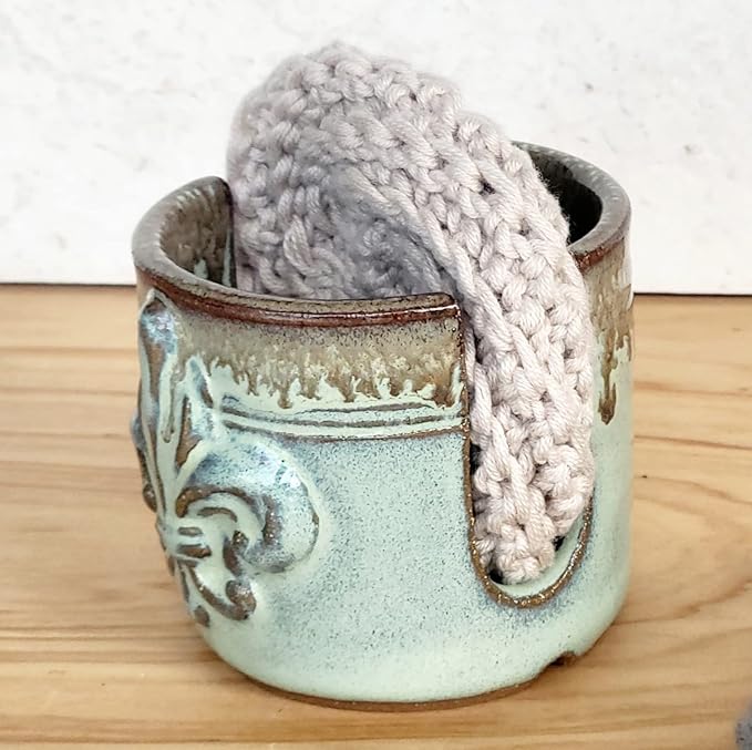 Fleur De Lis Sponge Holder for Sink White French Country Farmhouse Decor Compact Handmade Drain Rack (Green/Bronze)