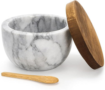 Nicunom Marble Salt Cellar with Acacia Wood Lid and Spoon, Elegant Handcrafted Salt Box Pepper Bowl Spice Jar Seasoning Keeper Salt Container for Kitchen Counter