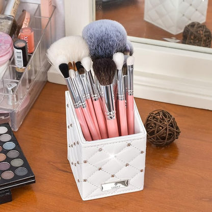LORYP Makeup Brush Holder Crystal Brushes Cup White PU Make up Brush Case Bag Storage for Women (White-Large)