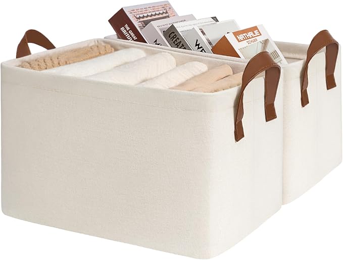 CHICVITA 2-Pack Large Storage Baskets for Shelves, Fabric Storage Bins with Metal Frame, Closet Organizers and Storage Boxes for Clothes Toy, Beige