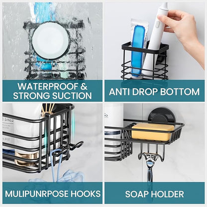 TAILI Shower Caddy Suction Cup, 3 Pack Shelves for Inside with Hooks & Soap Holder Toothbrush Cups, Removable Bathroom Organizer, Rustproof Black Shelves