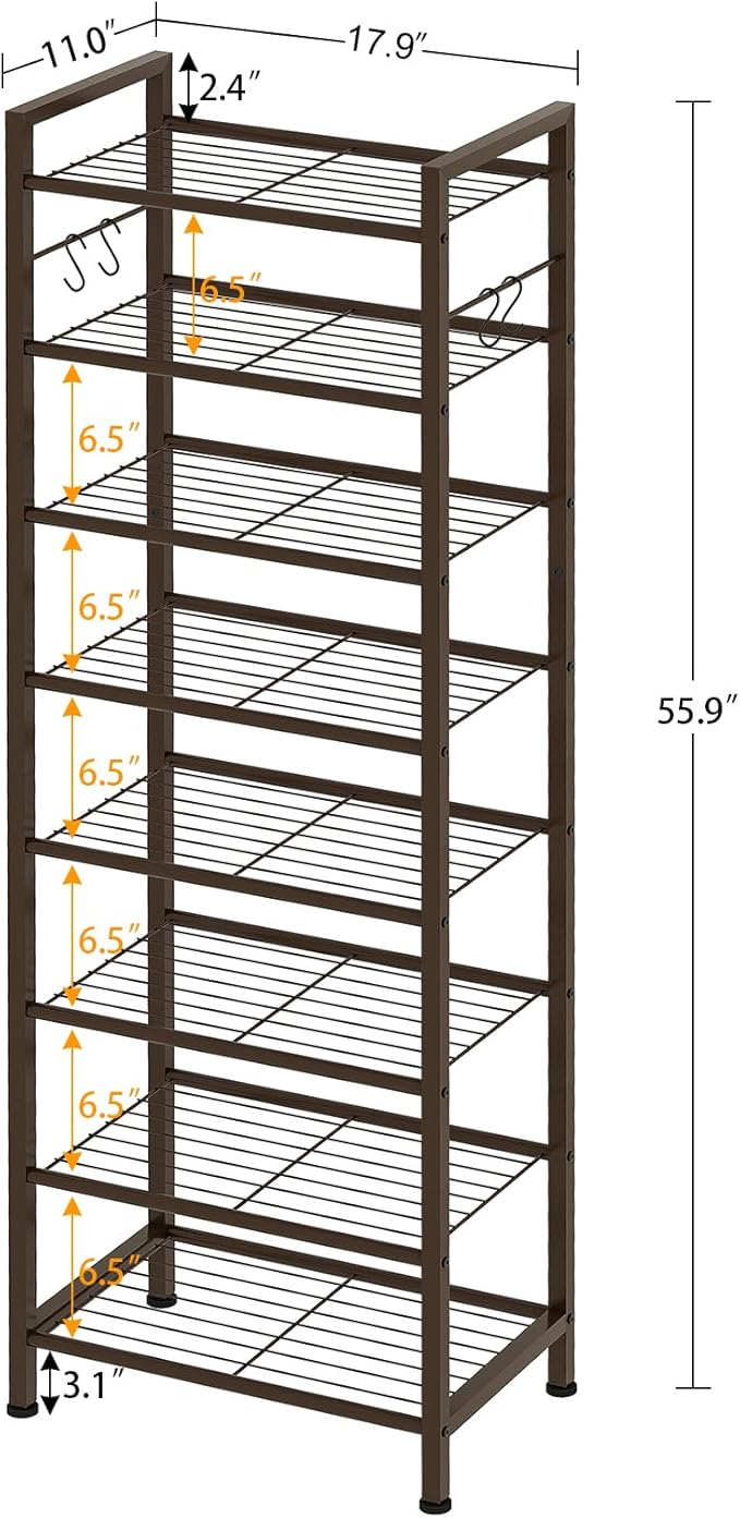 usikey 8 Tiers Narrow Shoe Rack 16-24 Pairs, Sturdy Metal Tall Shoe Rack with 4 Hooks, Slim Shoe Storage Organizer with Metal Shelf, Space Saving Vertical Shoe Shelf for Entryway BronzeUNYXJX016A