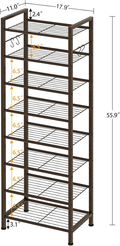 usikey 8 Tiers Narrow Shoe Rack 16-24 Pairs, Sturdy Metal Tall Shoe Rack with 4 Hooks, Slim Shoe Storage Organizer with Metal Shelf, Space Saving Vertical Shoe Shelf for Entryway BronzeUNYXJX016A