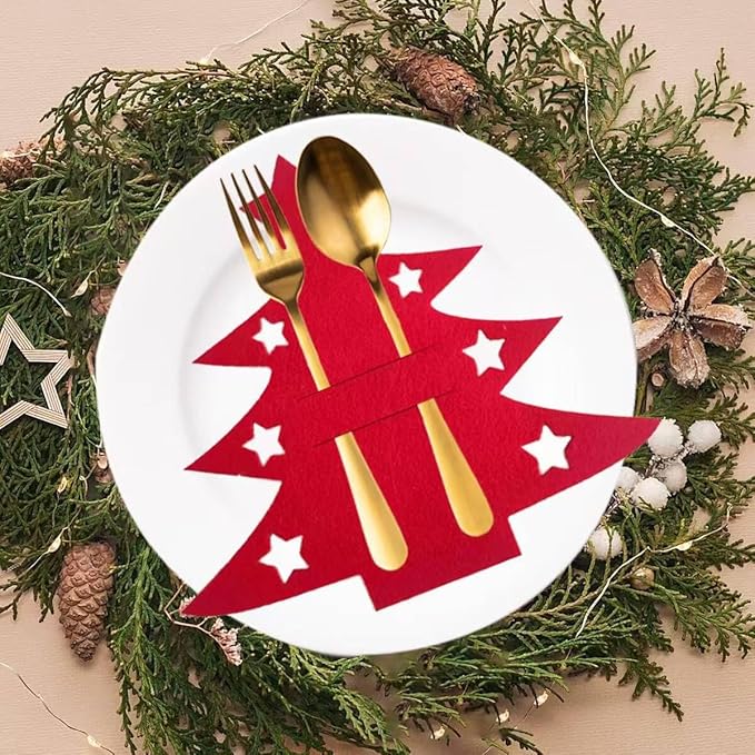 12pcs New Christmas Tree Cutlery Knife And Fork Cover Table Decoration Cutlery Holder Knife Folk Holder Pockets Felt Tableware (12PCS Christmas Tree Cutlery Holder - 6Red+6Green)