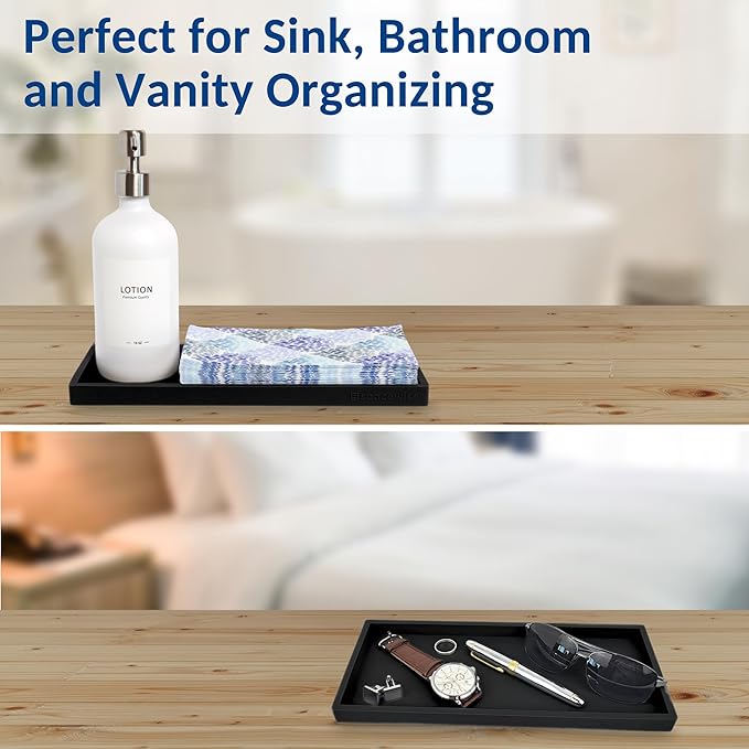 Spacewiser Countertop and Vanity Tray - 11.7" Silicone Bathroom Tray Countertop, Dish Soap Trays for Kitchen Counter, Organizer Accessories Caddy, Toilet Laundry Shower Oil Makeup Mat, Black