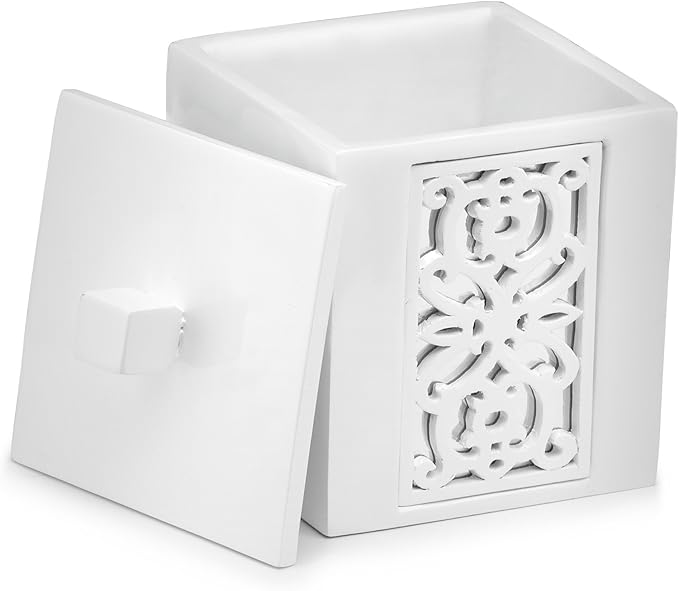 Creative Scents Mirror Janette White Qtip Holder With Lid - Decorative Cotton Ball Jar - Durable Cotton Swab Container - Beautiful Bathroom Vanity Accessories - Elegant Bath Storage