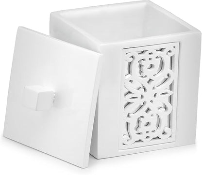 Creative Scents Mirror Janette White Qtip Holder With Lid - Decorative Cotton Ball Jar - Durable Cotton Swab Container - Beautiful Bathroom Vanity Accessories - Elegant Bath Storage