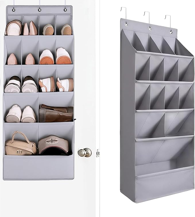 Over the Door Shoe Organizer, Hanging Shoe Organizer with 15 Large Deep Pockets, Narrow Shoe Rack for Door Hanging Boots Storage, Dorm Room Essentials, Grey